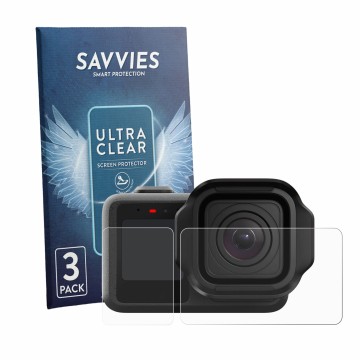 Vorderseite einer Produktverpackung mit dem Markenlogo Savvies. Daneben ist das Gerät GoPro Mission 1 mit dem zugehörigen Disp