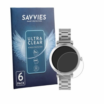 Parte frontal de un envase de producto con el logotipo de la marca Savvies. Al lado se muestra el dispositivo ZenWatch Lily 1.