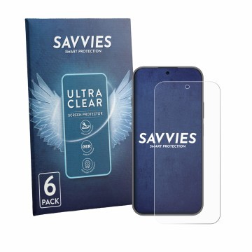Vorderseite einer Produktverpackung mit dem Markenlogo Savvies. Daneben ist das Gerät Huawei Nova 15 Max mit dem zugehörigen D