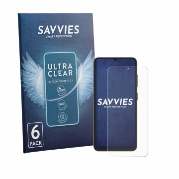 Face avant d’un emballage produit avec le logo de la marque Savvies. À côté, l’appareil Hotwav A16 Pro Max est représenté avec