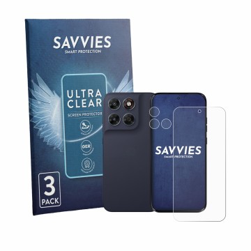Front side of a product packaging with the brand logo Savvies. Next to it is the device Motorola Moto G87 (Front+Camera) shown