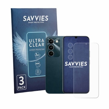 Front side of a product packaging with the brand logo Savvies. Next to it is the device realme C100 5G (Front+Camera) shown wi
