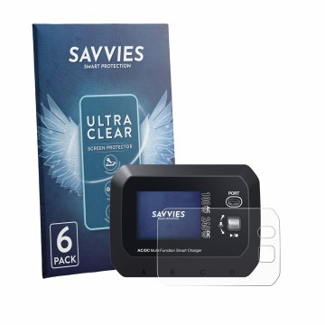 Parte frontal de un envase de producto con el logotipo de la marca Savvies. Al lado se muestra el dispositivo SkyRc Q100 Neo c