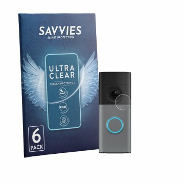Vorderseite einer Produktverpackung mit dem Markenlogo Savvies. Daneben ist das Gerät Ring Wired Video Doorbell mit dem zugehö