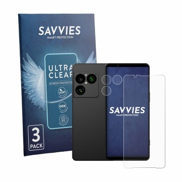 Front side of a product packaging with the brand logo Savvies. Next to it is the device Sony Xperia 1 VIII (Front+Camera) show