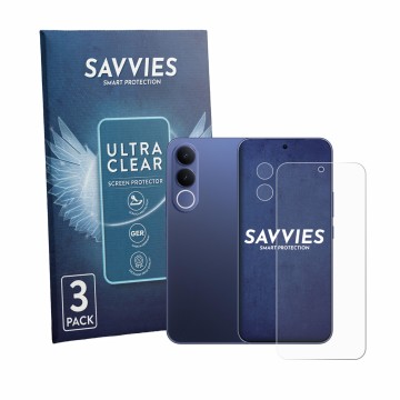 Front side of a product packaging with the brand logo Savvies. Next to it is the device Vivo V70 FE (Front+Camera) shown with 