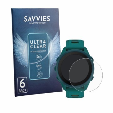 Front side of a product packaging with the brand logo Savvies. Next to it is the device Garmin Forerunner 170 Music shown with