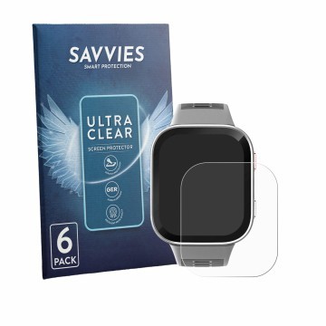 Parte frontal de un envase de producto con el logotipo de la marca Savvies. Al lado se muestra el dispositivo Amazfit Bip Max 