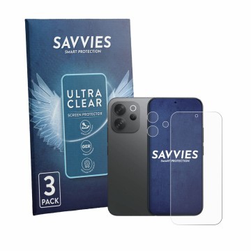 Parte frontal de un envase de producto con el logotipo de la marca Savvies. Al lado se muestra el dispositivo Vivo V70 (Fronta