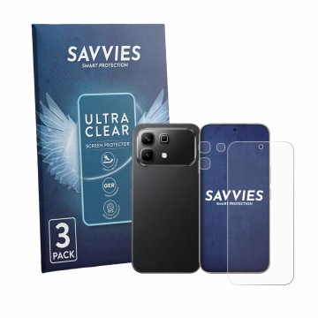 Front side of a product packaging with the brand logo Savvies. Next to it is the device Infinix Note 60 (Front+Camera) shown w