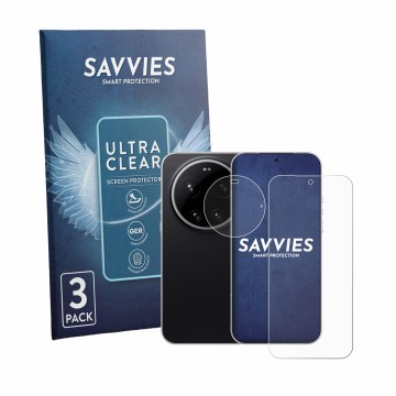 Parte frontal de un envase de producto con el logotipo de la marca Savvies. Al lado se muestra el dispositivo Xiaomi Leica Lei
