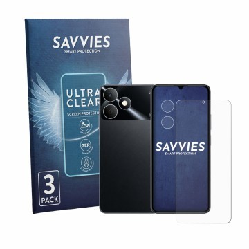 Face avant d’un emballage produit avec le logo de la marque Savvies. À côté, l’appareil realme Note 80 (Avant+Caméra) est repr