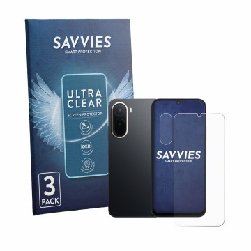 Front side of a product packaging with the brand logo Savvies. Next to it is the device Xiaomi Redmi A7 Pro (Front+Camera) sho