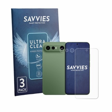 Face avant d’un emballage produit avec le logo de la marque Savvies. À côté, l’appareil Vivo X300 FE (Avant+Caméra) est représ
