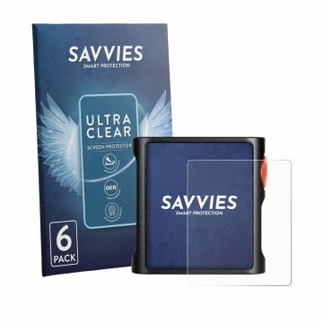 Vorderseite einer Produktverpackung mit dem Markenlogo Savvies. Daneben ist das Gerät Shanling M0 Pura mit dem zugehörigen Dis