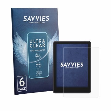 Parte frontale di una confezione del prodotto con il logo del marchio Savvies. Accanto è raffigurato il dispositivo Boox Go 6 