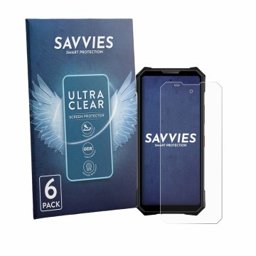 Face avant d’un emballage produit avec le logo de la marque Savvies. À côté, l’appareil Doogee V50 Pro est représenté avec la 