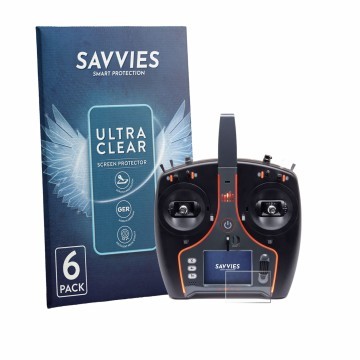Front side of a product packaging with the brand logo Savvies. Next to it is the device Spektrum NX7e Plus shown with the corr