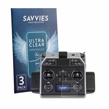 Face avant d’un emballage produit avec le logo de la marque Savvies. À côté, l’appareil Graupner MC-26 HOTT est représenté ave