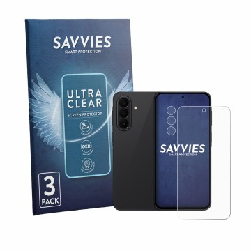 Parte frontal de un envase de producto con el logotipo de la marca Savvies. Al lado se muestra el dispositivo Samsung Galaxy A