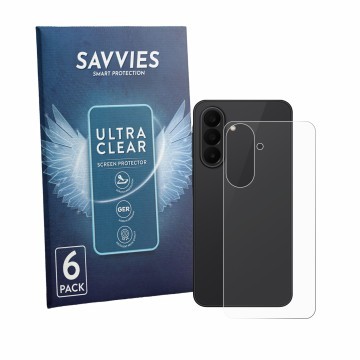 Parte frontal de un envase de producto con el logotipo de la marca Savvies. Al lado se muestra el dispositivo Samsung Galaxy A