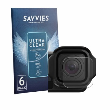 Front side of a product packaging with the brand logo Savvies. Next to it is the device GoPro Mission 1 Pro (Lens) shown with 