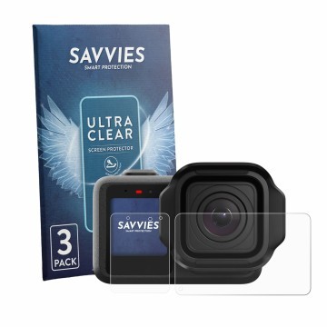 Face avant d’un emballage produit avec le logo de la marque Savvies. À côté, l’appareil GoPro Mission 1 est représenté avec la