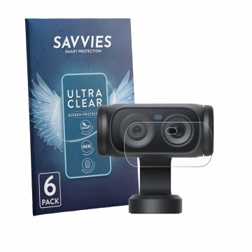 Front side of a product packaging with the brand logo Savvies. Next to it is the device Insta360 Luna Ultra (Lens) shown with 