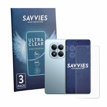 Parte frontal de un envase de producto con el logotipo de la marca Savvies. Al lado se muestra el dispositivo Xiaomi Redmi Not