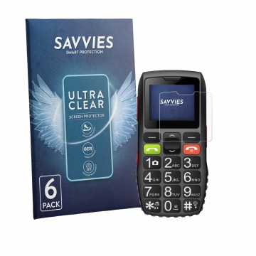 Vorderseite einer Produktverpackung mit dem Markenlogo Savvies. Daneben ist das Gerät artfone C1 mit dem zugehörigen Displaysc