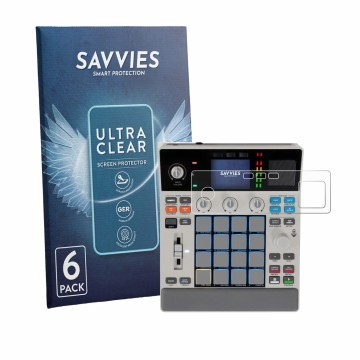 Face avant d’un emballage produit avec le logo de la marque Savvies. À côté, l’appareil Akai MPC Sample est représenté avec la