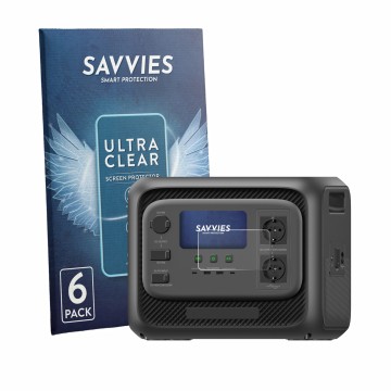 Parte frontal de un envase de producto con el logotipo de la marca Savvies. Al lado se muestra el dispositivo Bluetti Elite 30