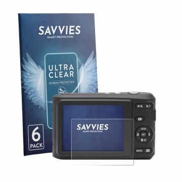 Face avant d’un emballage produit avec le logo de la marque Savvies. À côté, l’appareil Kodak Pixpro FZ45 est représenté avec 