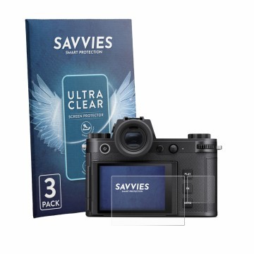 Parte frontale di una confezione del prodotto con il logo del marchio Savvies. Accanto è raffigurato il dispositivo Leica SL3-