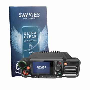 Parte frontal de un envase de producto con el logotipo de la marca Savvies. Al lado se muestra el dispositivo Hytera HM785 con