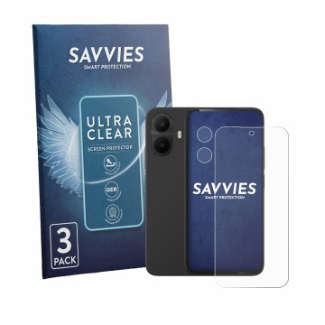 Vorderseite einer Produktverpackung mit dem Markenlogo Savvies. Daneben ist das Gerät TCL K70 4G (Display+Kamera) mit dem zuge