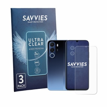 Front side of a product packaging with the brand logo Savvies. Next to it is the device realme C100x (Front+Camera) shown with