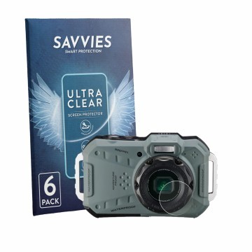 Parte frontal de un envase de producto con el logotipo de la marca Savvies. Al lado se muestra el dispositivo Ricoh Pentax WG-