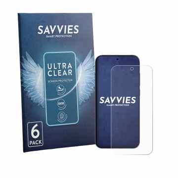 Face avant d’un emballage produit avec le logo de la marque Savvies. À côté, l’appareil Oppo Reno 16 F est représenté avec la 