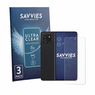 Vorderseite einer Produktverpackung mit dem Markenlogo Savvies. Daneben ist das Gerät Motorola ThinkPhone (Display+Kamera) mit