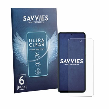 Front side of a product packaging with the brand logo Savvies. Next to it is the device Vivo Y21d shown with the corresponding