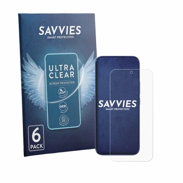 Face avant d’un emballage produit avec le logo de la marque Savvies. À côté, l’appareil Tecno Camon Slim est représenté avec l