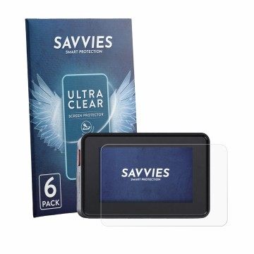 Parte frontal de un envase de producto con el logotipo de la marca Savvies. Al lado se muestra el dispositivo Vantrue Element 