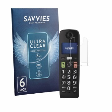 Vorderseite einer Produktverpackung mit dem Markenlogo Savvies. Daneben ist das Gerät Panasonic KX-TGU130 mit dem zugehörigen 