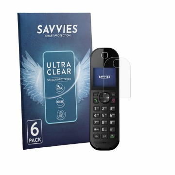 Vorderseite einer Produktverpackung mit dem Markenlogo Savvies. Daneben ist das Gerät Panasonic KX-TGC420 mit dem zugehörigen 