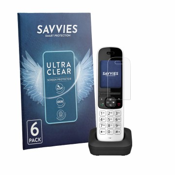 Vorderseite einer Produktverpackung mit dem Markenlogo Savvies. Daneben ist das Gerät Panasonic KX-TGH723 mit dem zugehörigen 