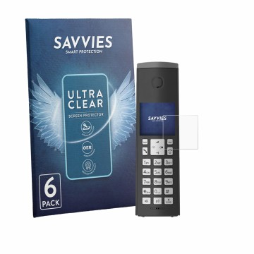 Vorderseite einer Produktverpackung mit dem Markenlogo Savvies. Daneben ist das Gerät Panasonic KX-TGK220 mit dem zugehörigen 
