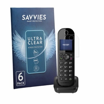 Face avant d’un emballage produit avec le logo de la marque Savvies. À côté, l’appareil Panasonic KX-TGC463 est représenté ave