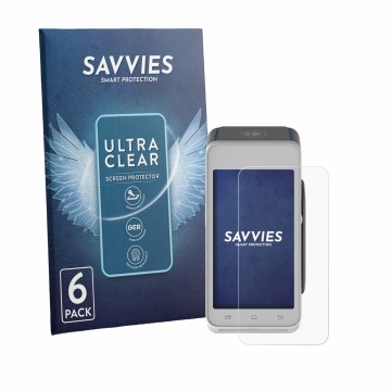 Parte frontal de un envase de producto con el logotipo de la marca Savvies. Al lado se muestra el dispositivo Pax A910S con su