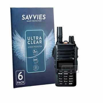 Front side of a product packaging with the brand logo Savvies. Next to it is the device Yaesu FTA-250 shown with the correspon